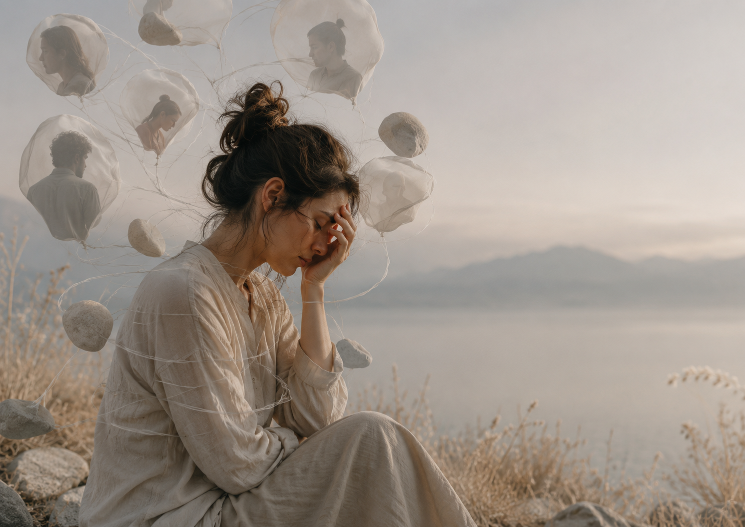Femme épuisée portant symboliquement le poids des émotions et des responsabilités des autres