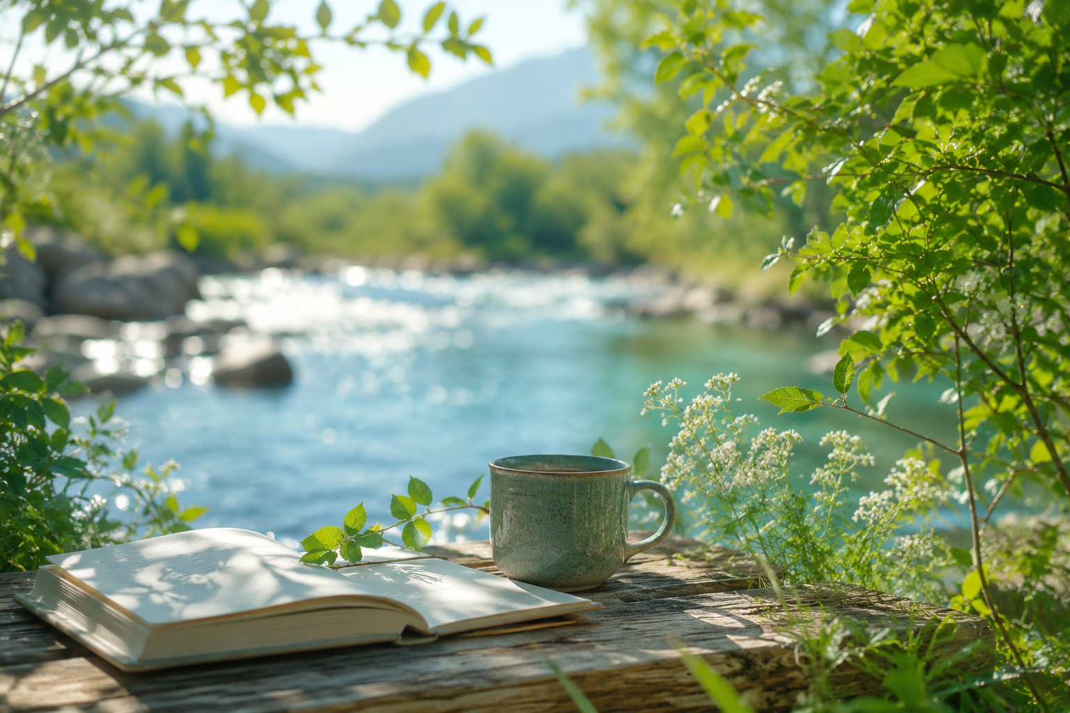 Une rivière entourée de verdure, un carnet ouvert et une tasse invitent à faire une pause et à retrouver un peu de calme.