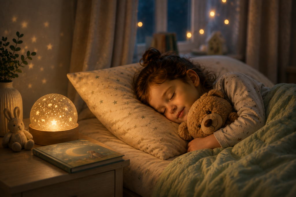 Enfant endormi paisiblement avec son doudou après un rituel du coucher rassurant.