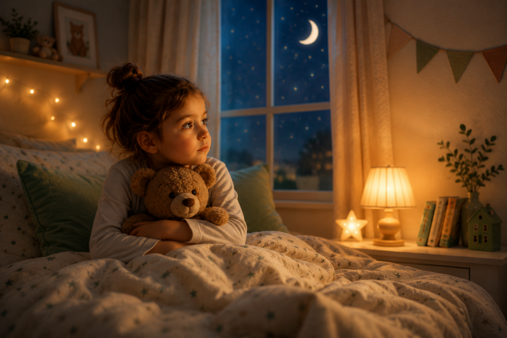 Enfant tenant son doudou dans sa chambre, regardant la lune avant de s'endormir lors d'un coucher difficile.