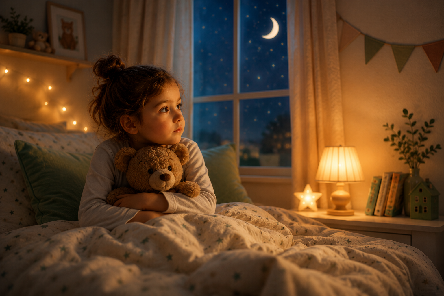Enfant tenant son doudou dans sa chambre, regardant la lune avant de s'endormir lors d'un coucher difficile.